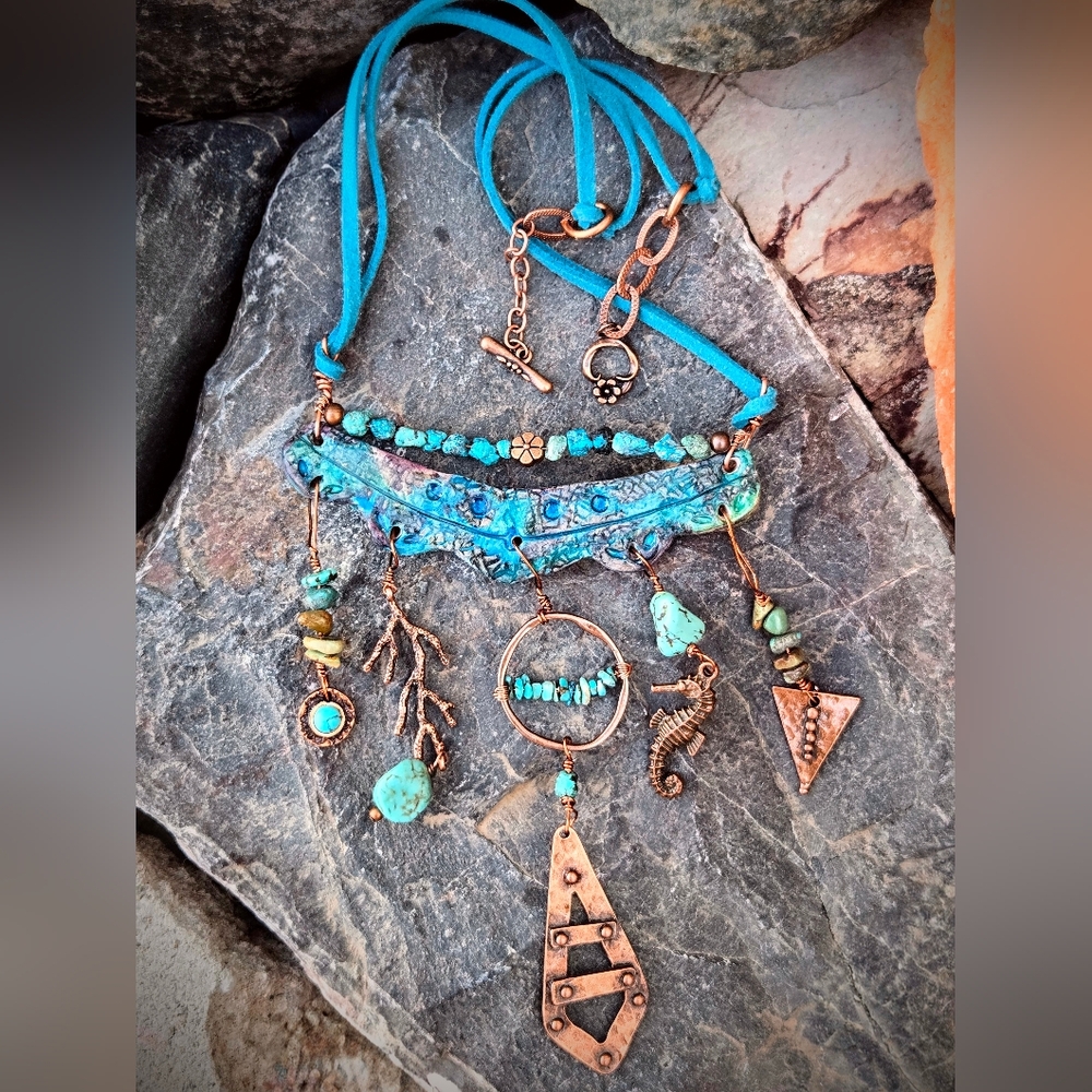 Blue In Earth Assemblage W/ Turquoise In One-of-A-Kind Artisan Copper Necklace - Picture 3 of 9